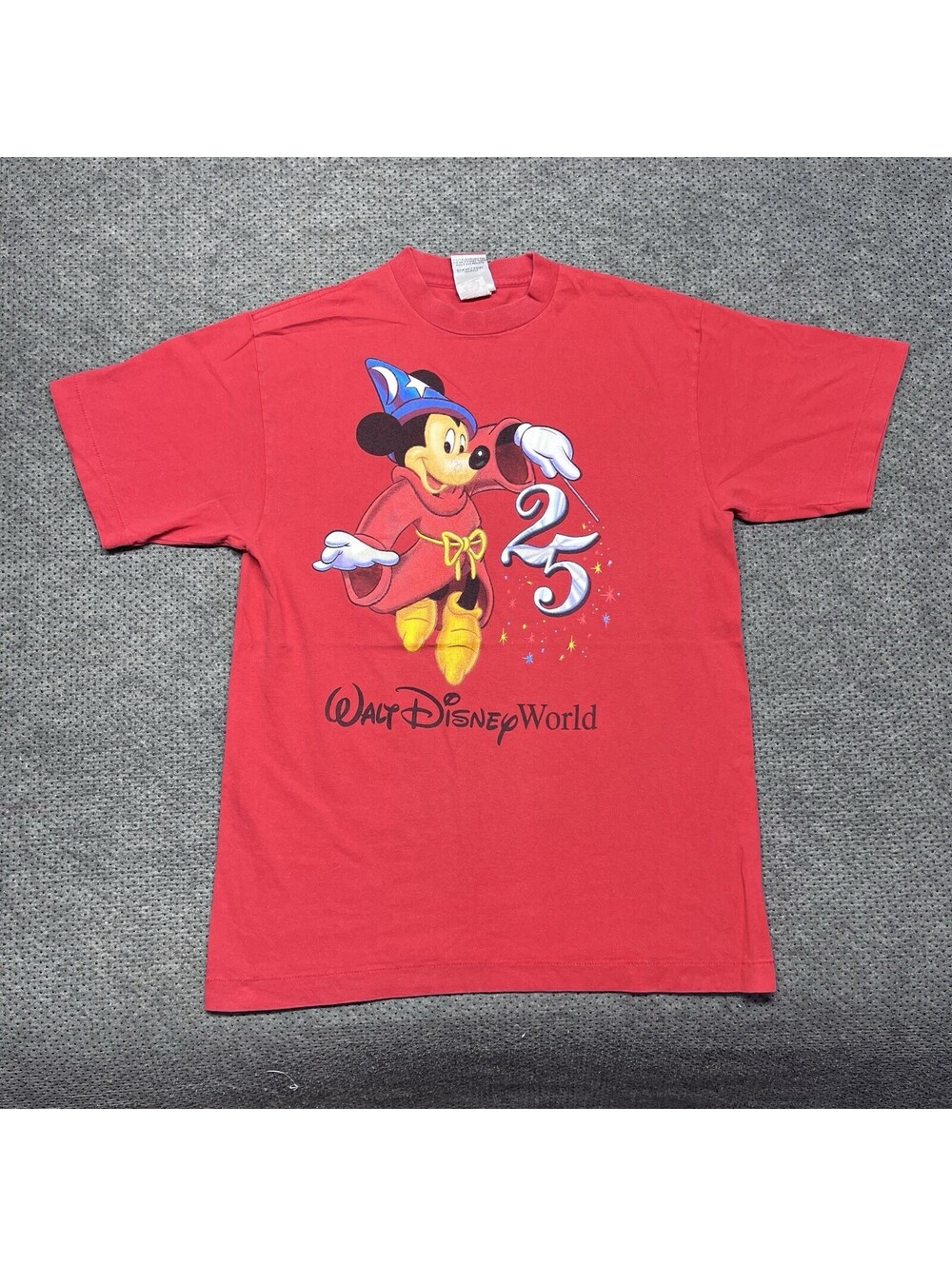 Vintage 90s Walt Disney World 25th Anniversary T-Shirt Sorcerer Mickey Red Large